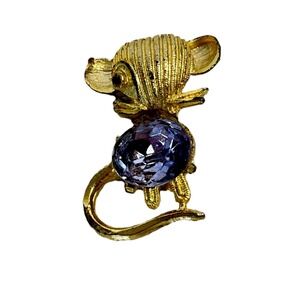 Vintage‎ Gold Tone Mouse Brooch Purple Rhinestone Belly Body Cute Jewelry